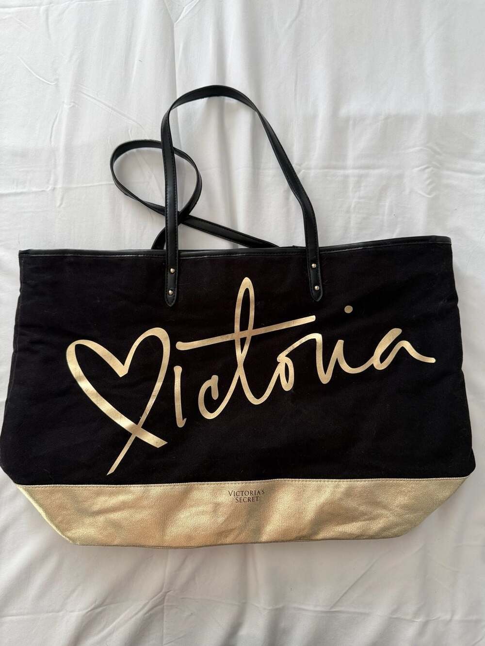 Victoria's Secret Black Canvas Tote Bag with Gold Script and Heart Logo